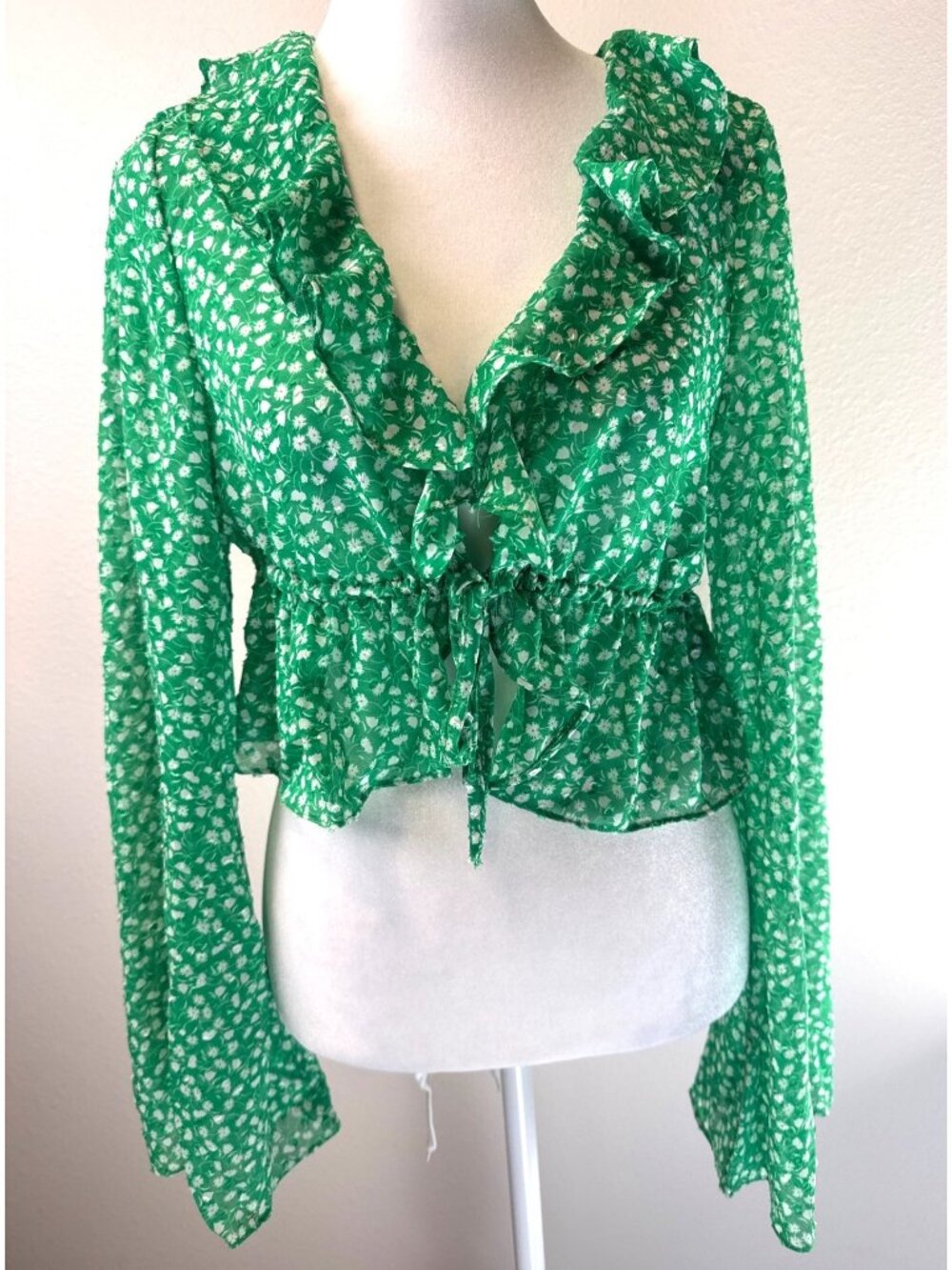 SHEIN Womens Milkmaid Romance Floral Crop Top Fairy Green White Ruffles Med